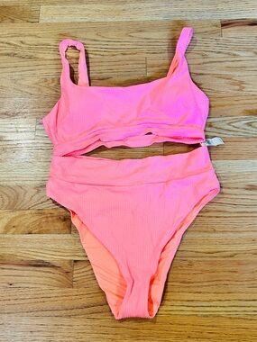 aerie Neon Pink High-Rise Two-Piece Swimsuit Set